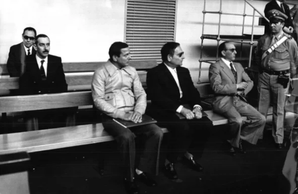 Some defendants during the trial for the Borghese coup. The second from the left is Amos Spiazzi